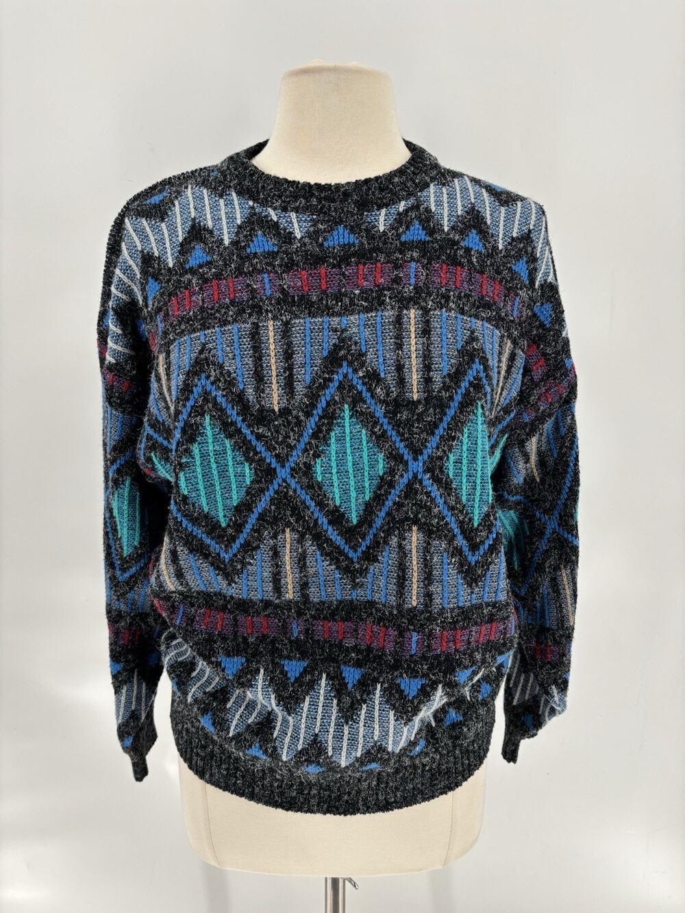 Vintage 80s 90s Santana Geometric Sweater Womens Large Black Blue Diamond Knit